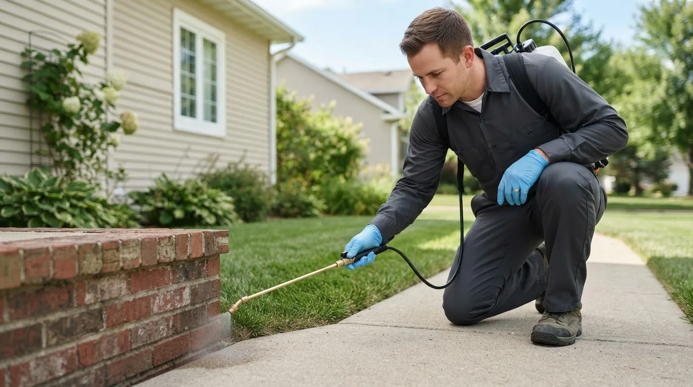 Pest control technician treating a home near Goddard, KS